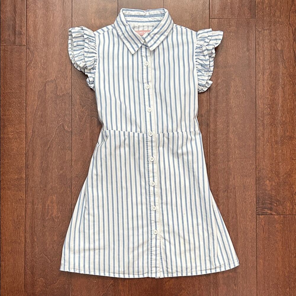 BCBG Girls Striped Blue and White Kids Dress with Ruffle Sleeves, Size Small